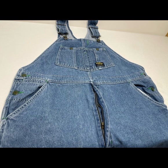 Vintage Oshkosh B Gosh Vestbak Blue Denim Green Stitch Bib Overalls Mens 42 x 30